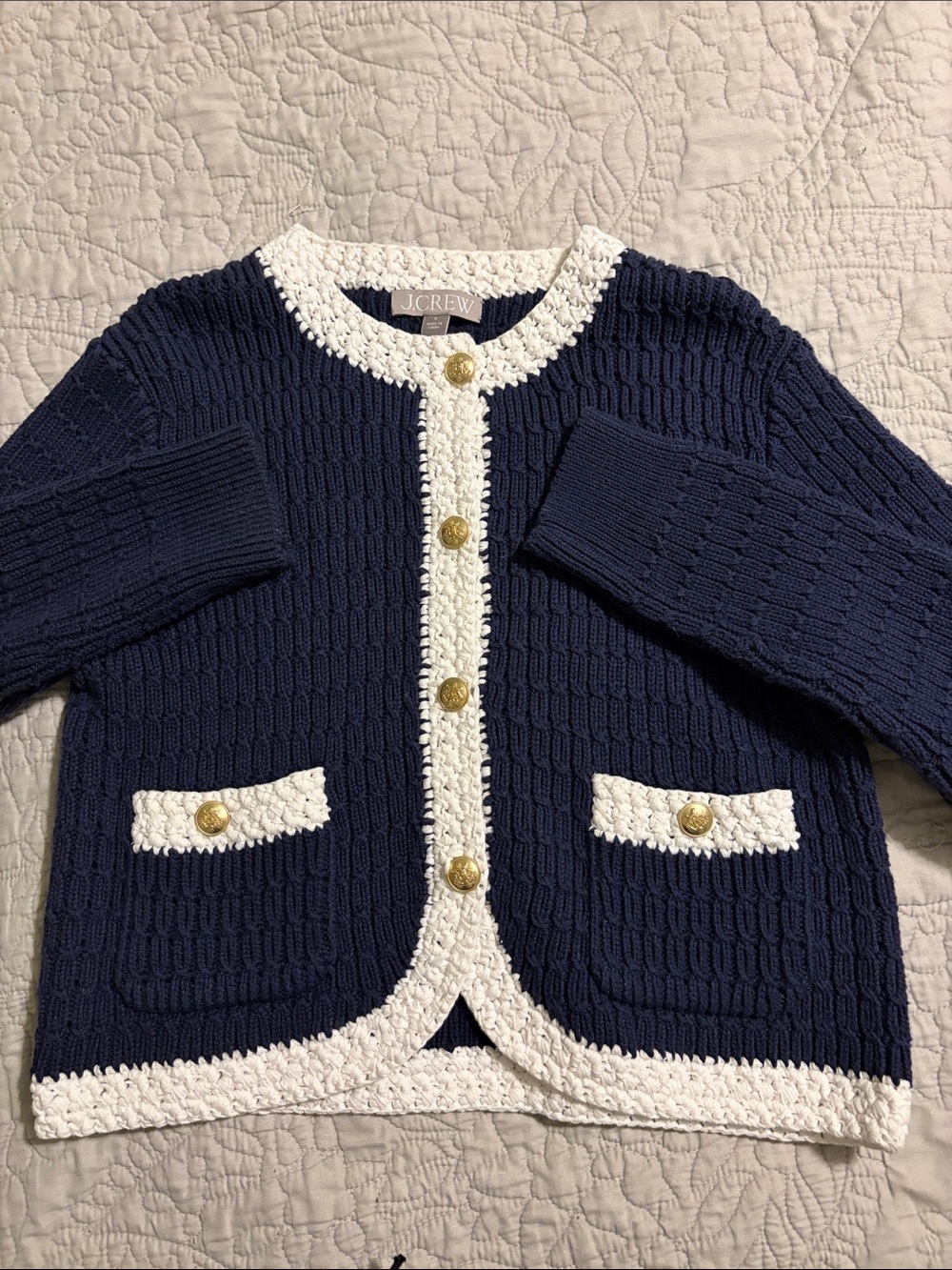 J. Crew Navy Knit Women’s Cardigan with White Crocheted Trim. Never worn
